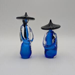 Pair Formia Vetri Di Murano Glass Cobalt Pair Asian Figurines Signed Numbered